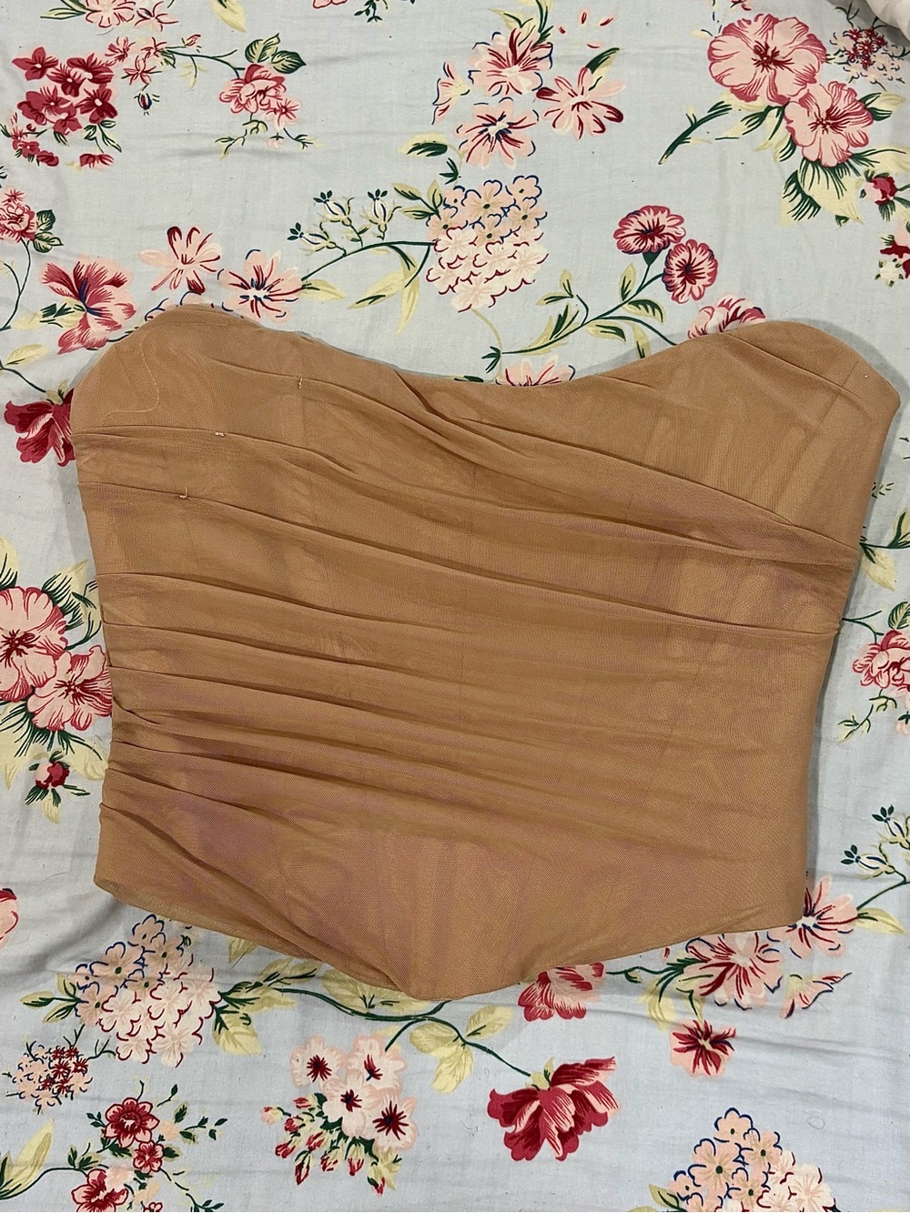EVENUEL Nude Mesh Strapless Corset Top | Ruched Sheer Bustier | Small
